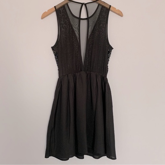 Festival Sparkle Sequin Sleeveless Deep V Mesh Cut Out Mini Dress in Black (S) - Picture 4 of 6